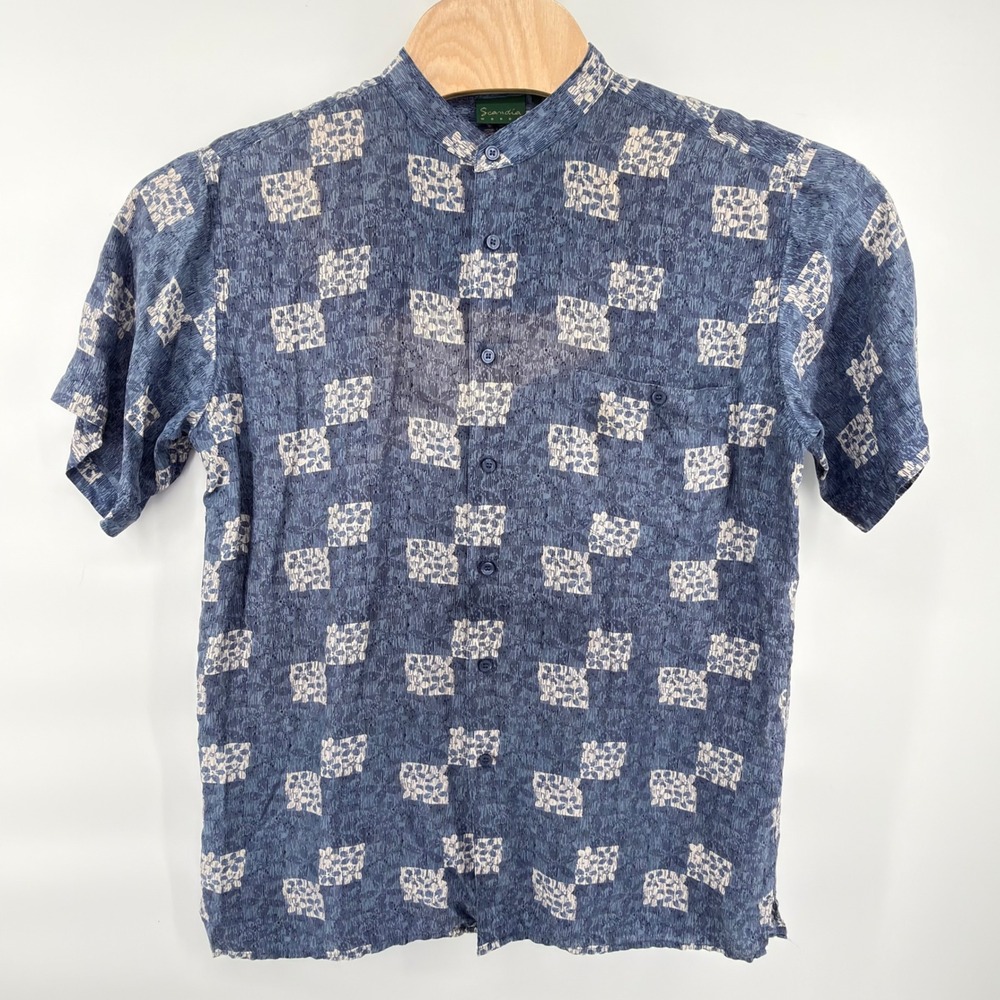 Scandia Woods Button Front Shirt Mens Medium Blue Silk Banded Collar Geometric